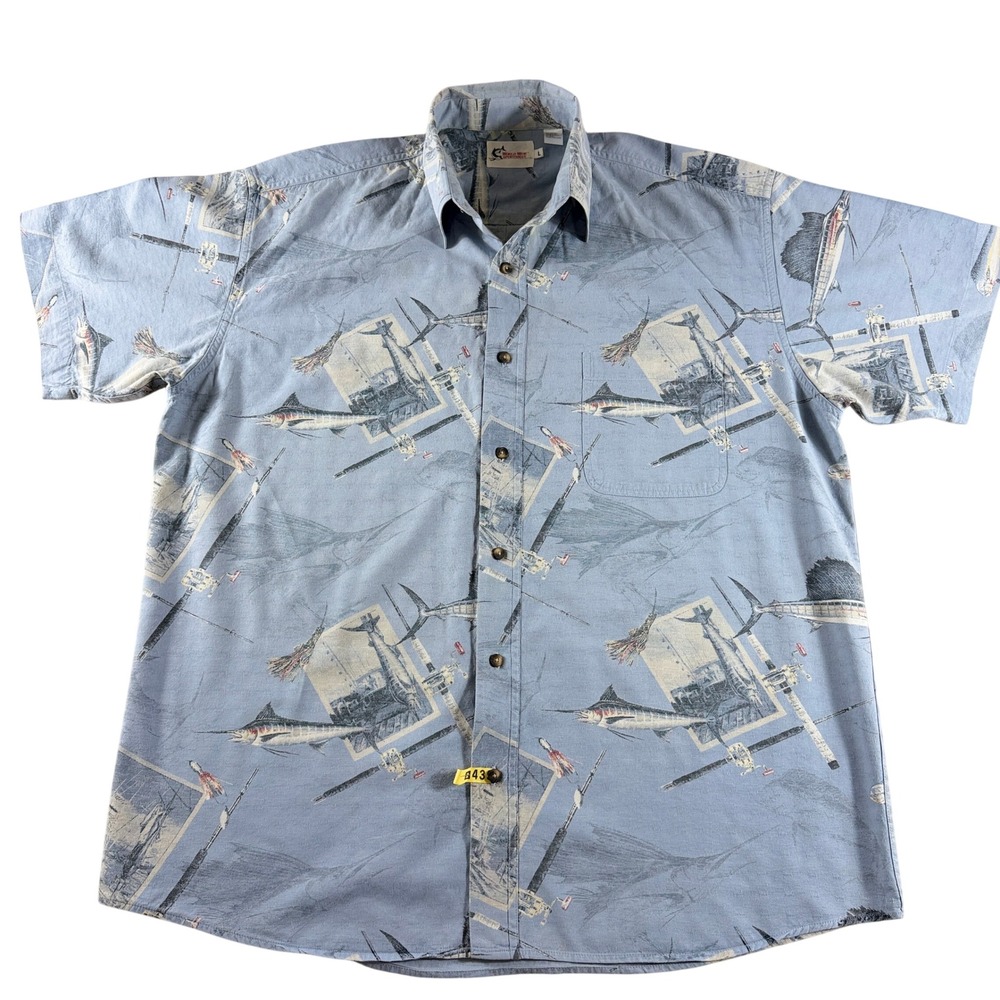 World Wide Sportsman Mens Blue Marlin Fishing Shirt Short Sleeve Large Cotton